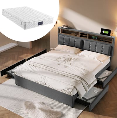 MEUNIQ tweepersoons gestoffeerd bed 140x200 cm met 4 lades, verstelbaar hoofdbord, USB-C en stopcontacten, lattenbodem en opbergruimte voor slaapkamer, grijs