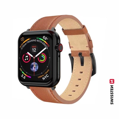 Swissten bandje Geschikt voor Apple Watch 42-49mm Leather Band - 46000813 - Black Buckle - Brown