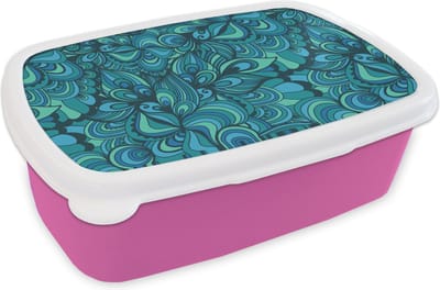 Broodtrommel Roze - Lunchbox Design - Vintage - Blauw - Turquoise - Brooddoos 18x12x6 cm - Brood lunch box - Broodtrommels voor kinderen en volwassenen