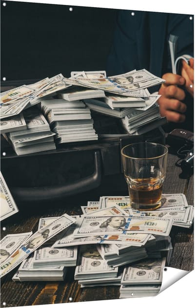 Gards Tuinposter Dollar Geld Briefjes op Tafel van de Maffia - 120x160 cm - Tuindoek - Tuindecoratie - Wanddecoratie buiten - Tuinschilderij