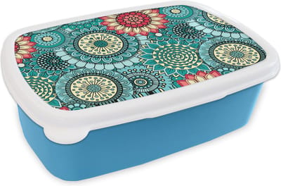 Broodtrommel Blauw - Lunchbox - Brooddoos - Meisjes - Bloemen - Patronen - Girl - Kids - Kinderen - 18x12x6 cm - Kinderen - Jongen
