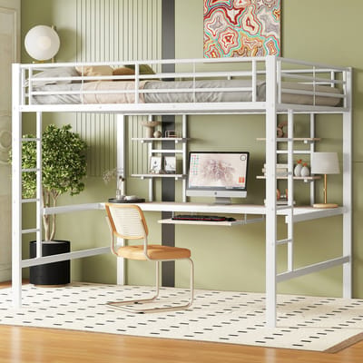 MODENUIT Hoogslaper 140x200 cm – Met Bureau en 2 Boekenkasten – Met Trap en Veiligheidshekken – Zonder matras – Metaal – Wit