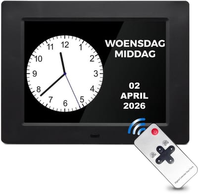 Pora&Co - Digitale Dementieklok XXL – Kalenderklok met Datum en Dag – Alarmfunctie – 8 inch - Alzheimerklok - Verschillende Interface aan de achterkant stel je Analoog of Digitaal in