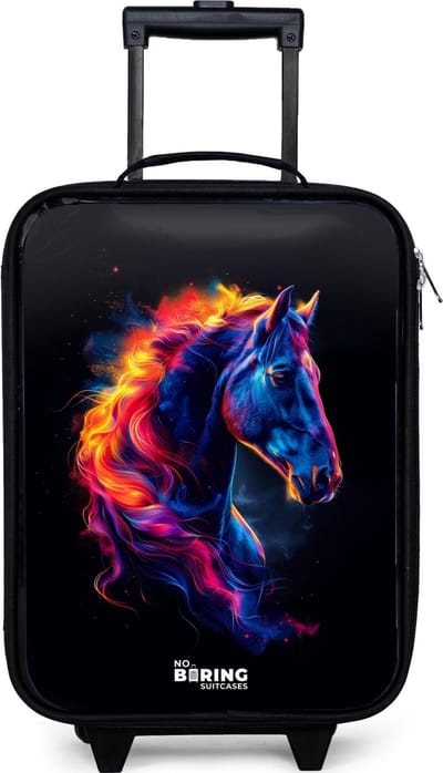 NoBoringSuitcases.com® - Kinderkoffer jongen - Kindertrolley meisje - Zijaanzicht van een paard met vurige manen - Koffer kind lichtgewicht - Reiskoffer trolley voor kinderen - Koffertje met lichtgevende wieltjes - Rolkoffer zwart