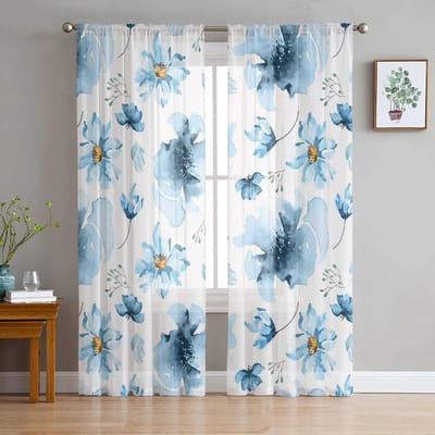 Blauwe Bloem Boerderij Dorp Slaapkamer Transparante Dunne Gordijnen Feestdecoratie Raam Voile Tule Gordijn 135W x 114H(cm) white