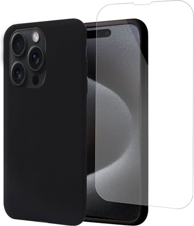 Geschikt voor iPhone 15 Plus Hoesje + Screenprotector – Gehard Glas Cover - Suède Case Zwart