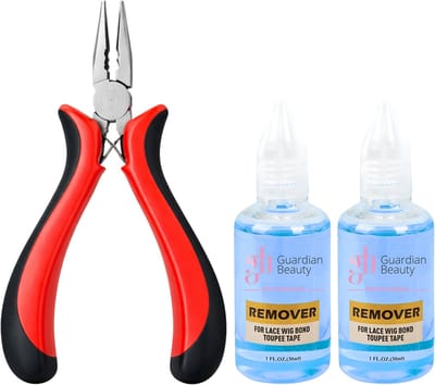 Guardian Beauty Pruikentape Remover Set - For Lace Wig Bond and Toupee Tape - Blauw - 2 stuks - 30ml - Met Microringen Gebogen Tang - Haar Extensions