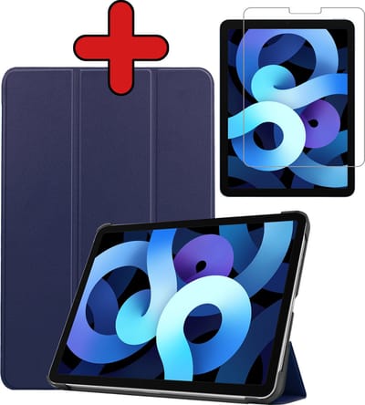 Hoesje - Geschikt voor Apple iPad Air 5 (2022) - 10.9 inch - 5e Generatie - M1 - Met Screenprotector - Hardcover Book Case - Trifold Bookcase Hoes - Hard Cover - Tablethoes - Donkerblauw