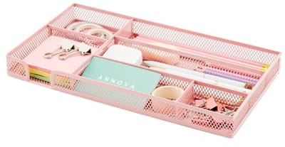 Organisatietray voor Bureau - Metaal Gaas - Opbergdoos met Verdeler voor Pennen, Bureauaccessoires, Badkamer, Keuken, Make-up en Kantoorbenodigdheden (Licht Roze)