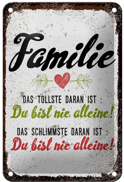 Blechschild Spruch Familie Du bist nie alleine Deko 12x18cm Schild