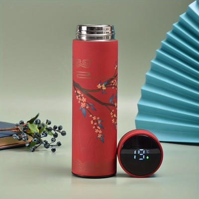 1pc Chinese stijl thermische waterfles, retro slimme temperatuurweergave geïsoleerde beker, roestvrijstalen waterbeker 500ml rood
