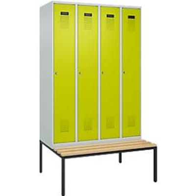C+P Evolo Plus kledingkast, 4 vakken, 300 mm vakbreedte, met bank eronder, B 1200 x D 815 x H 2120 mm, cilinder, lichtgrijs/kleedgroen