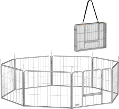 PawHut Welpenauslauf 60 cm Hoch, 8-TLG Hundelaufstall Welpenlaufstall mit Gurt und Tür, Freilaufgehege für kleine Hunde, Meerschweinchen, Kaninchen, Stahl, Silber