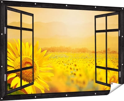 Gards Tuinposter Doorkijk Zonnebloemen Veld met Zonopkomst - 180x120 cm - Tuindoek - Tuindecoratie - Wanddecoratie buiten - Tuinschilderij