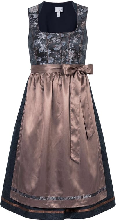 Ulla Popken - Dames - Dirndl bloemen carréhals satijnen schort mouwloos - Hemelsblauw - Maat 42