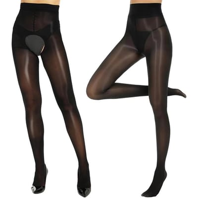 Kave 2 Paar Open/Gesloten Kruis Grote Maten Glad Glanzende Paardenolie Panty's Voor Vrouwen Hoge Taille Zijde Olie Glans Dunne Panty's Fit for 40-70kg black