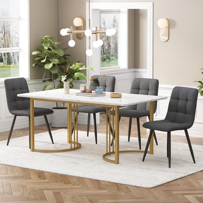 Sweiko Eettafel set (5-delige set), Eettafel set met 4-stoelen, Moderne keuken eettafel set, 140 x 80cm keuken eettafel met gouden metalen poten, wit MDF tafelblad, donkergrijs linnen eetstoelen