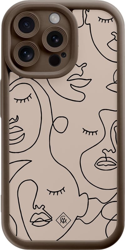 Casimoda® hoesje - Geschikt voor iPhone 15 Pro Max - Abstract Faces - Effen telefoonhoesje met lensbescherming - Siliconen/TPU - Backcover - Bruin/beige
