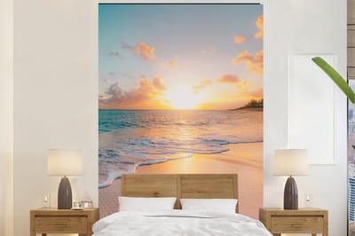 Behang - Fotobehang Zonsondergang - Strand - Zee - Zomer - Blauw - Breedte 160 cm x hoogte 240 cm