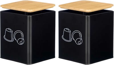 Koffie cups/capsules houder - 2x - metaal - 14 x 14 x 16 cm - voor 50 capsules - zwart - bamboe deksel