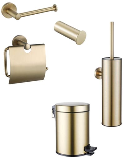 FugaFlow Eccelente Acces Toiletset 5-delig - toiletrolhouder - reserverolhouder - toiletborstelhouder - handdoekhaak - pedaalemmer - Geborsteld Messing PVD
