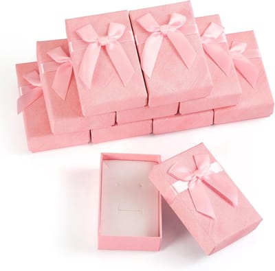Set van 10 Papieren Dozen 8.5 x 5.3 x 4.8 cm Rechthoekige Kartonnen Verpakkingen voor Sieraden met Strik, Ideaal voor Ringen, Kettingen en Oorbellen Opslag, Roze