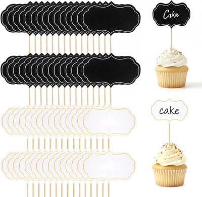 100 stuks voedseletiketten voor buffet, lege etiketten voor buffet, lege etiketten voor kaas, lege vlaggen voor tandenstokers voor cake, cupcake-etiketten voor verjaardagsfeest (zwart, wit)