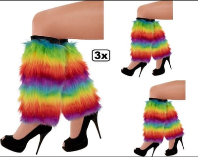 3x Paar beenwarmers pluche regenboog - been warmers regenboog felle kleuren sport  carnaval unisex festival bier feest apres ski gay