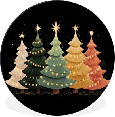 WallCircle - Wandcirkel - Muurcirkel - Kerstbomen - Kleurrijk - Lichtjes - Ster - Aluminium - Dibond - 30x30 cm - Binnen en Buiten