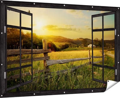 Gards Tuinposter Doorkijk Boerderij Hekken op het Grasveld - 180x120 cm - Tuindoek - Tuindecoratie - Wanddecoratie buiten - Tuinschilderij