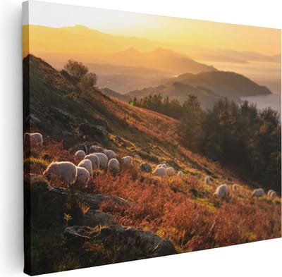 Artaza Canvas Schilderij Zonsondergang Bergen - 40x30 cm - Klein - Wanddecoratie Natuur - Muurdecoratie Schapen - Schilderijen Op Canvas