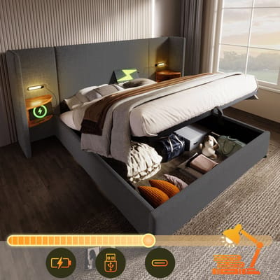 MEUNIQ 2-persoonsbed 180x200 cm met opbergruimte, leeslamp, USB en USB-C, gestoffeerd bedframe met lattenbodem en hoofdbord met opbergvakken voor slaapkamer, grijs