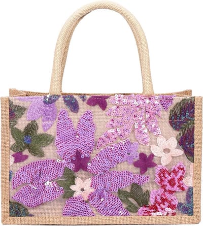 Grote Jute Shopper Tas met Handgeborduurde Bloemen en Pailletten voor Dames