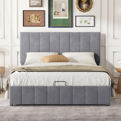 KOMHTOM Tweepersoonsbed 140x200 cm voor volwassenen met in hoogte verstelbaar met extra opbergruimte Comfortabele stof Grijs