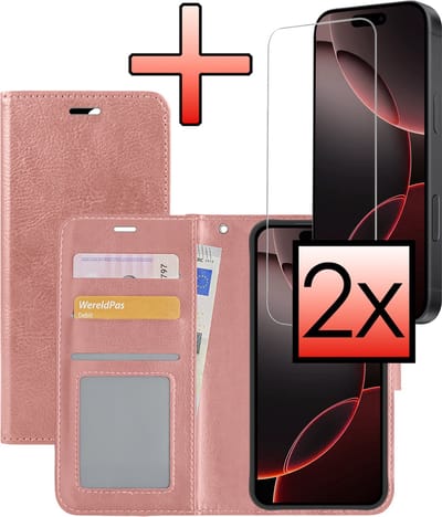 Hoesje - Met 2x Screenprotector - Geschikt voor Apple iPhone 16 Pro - Luxe Pasjeshouder - Bookcase Portemonee - Flip Case - Kunstleer Book Case - Flipcase Hoes - Book Cover - Walletcase - Portemonneehoes - Rosé goud