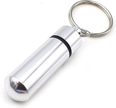 Sleutelhanger safe met spat-waterdicht XL aluminium kokertje buisje voor bijvoorbeeld adres of pillen - zilver