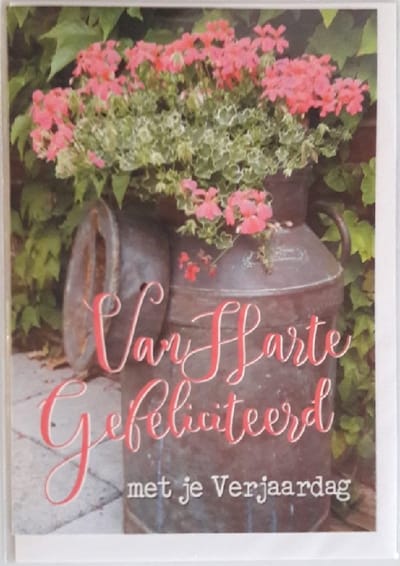 Van harte gefeliciteerd met je verjaardag! Een leuke wenskaart voor mensen die van bloemen in de tuin houden. Een leuke kaart om zo te geven of om bij een cadeau te voegen. Een dubbele wenskaart inclusief envelop en in folie verpakt.