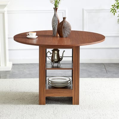 Wishdor - Ronde Eettafel - Opene Opbergvakken - Scandinavisch - Eetkamer - MDF - Walnootkleur - 100 Cm