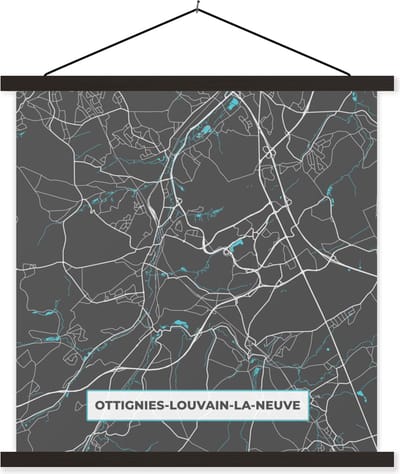 Posterhanger incl. Poster 60x60 cm - Schoolplaat - Stadskaart – Grijs - Kaart – Ottignies Louvain la Neuve – België – Plattegrond - Textielposter - Zwarte latten - Stadskaart