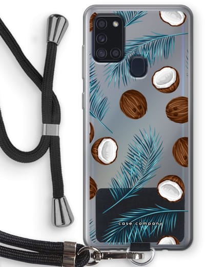 Case Company® - Hoesje met koord geschikt voor Samsung Galaxy A21s hoesje met Koord - Kokosnoot - Telefoonhoesje met Zwart Koord - Bescherming aan alle Kanten en Over de Schermrand