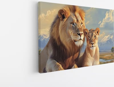 Saammp Canvas Schilderij - Leeuw en Leeuwin met de Kilimanjaro achter zich - Dieren - Natuur - 45x30 - Foto op canvas - Wanddecoratie - Muurdecoratie Woonkamer - Slaapkamer decoratie - Canvas Print