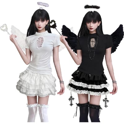 Qichenk Halloween Cosplay Aile d'Ange Diable Robe pour Plus Costumes Assortis pour École de Costumes et Autres Occasions Adultes, Mignon, Taille, Jumeaux, Événements, noir