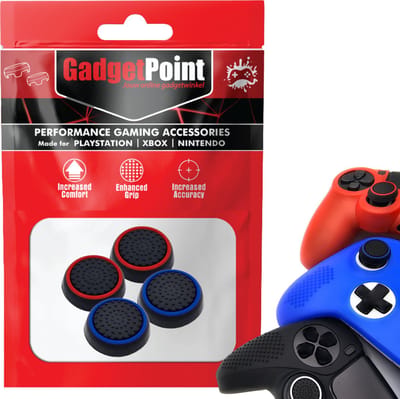 Gadgetpoint - Thumb Grips voor PlayStation, PS5, Xbox X/S, One & Switch Pro Controller - Gaming Thumbgrips - Performance Anti-Slip Thumbsticks - Bescherming Accessoires - Zwart Blauw en Zwart Rood