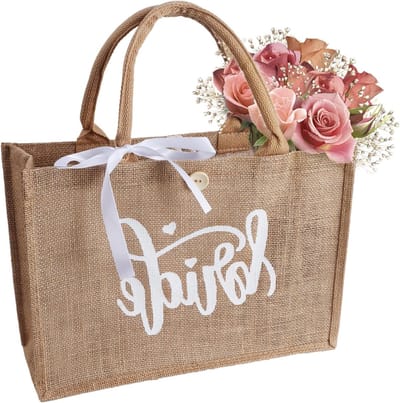 Jute Bruid Shopper Tas met Witte Strik, Gepersonaliseerde Jute Handtas voor Bruiloften en Feesten, Duurzame Jute Bag voor Vrouwen, 35 x 25 x 15
