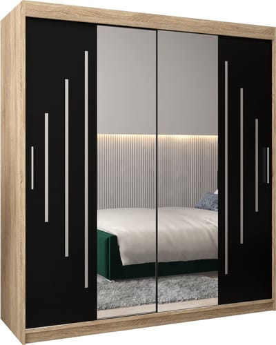 InspireMe - Kledingkast met 2 schuifdeuren, Modern-stijl, Een kledingkast met planken en een spiegel (BxHxD): 180x200x62 - MALTESE I 180 Sonoma Eik + Zwart Mat