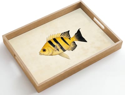 Dienblad hout 50x35 cm - Schootdienblad - Geel - Vis - Strepen - Tropisch - Borrelplank rechthoek - Plateau dienbladen