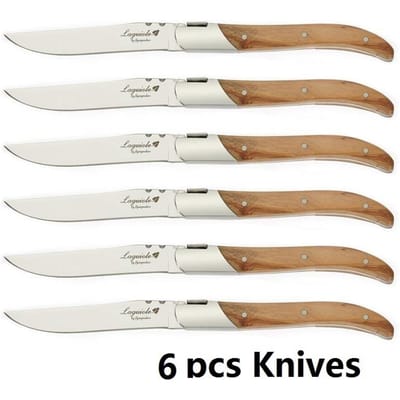 6 stuks Laguiole Steakmessen Diner Vork Tafelmes Tafellepel set Olijfhouten Handvat Eetserviezen sets Roestvrijstalen Bestek
