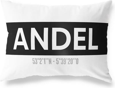 Tuinkussen ANDEL - NOORD-BRABANT met coördinaten - Buitenkussen - Bootkussen - Weerbestendig - Jouw Plaats - Studio216 - Modern - Zwart-Wit - 50x30cm