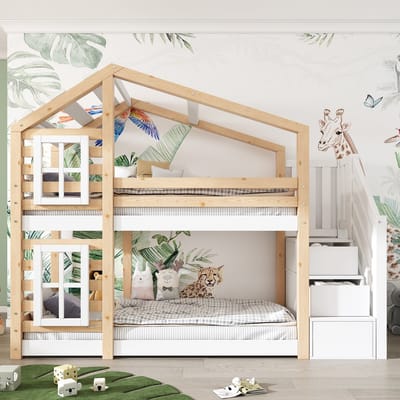 Kinderbed - boomhut 90 x 200 cm - hoogslaper - raamstructuur met opbergruimte en valbeveiliging - houtkleur en wit - zonder matras