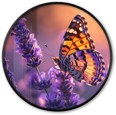 Poster in lijst Rond - Fotolijst 60x60 cm - Posters - Bloemen - Vlinder - Lavendel - Bloem - Natuur - Ronde posterlijst zwart - Decoratie - Wanddecoratie woonkamer - Muurdecoratie slaapkamer